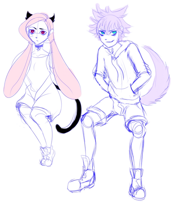 Cat Girl and Wolf Boy Sketch by Lo